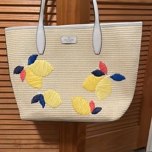Kate Spade Straw Ash Lemon Zest Tote w/ Matching Wallet
